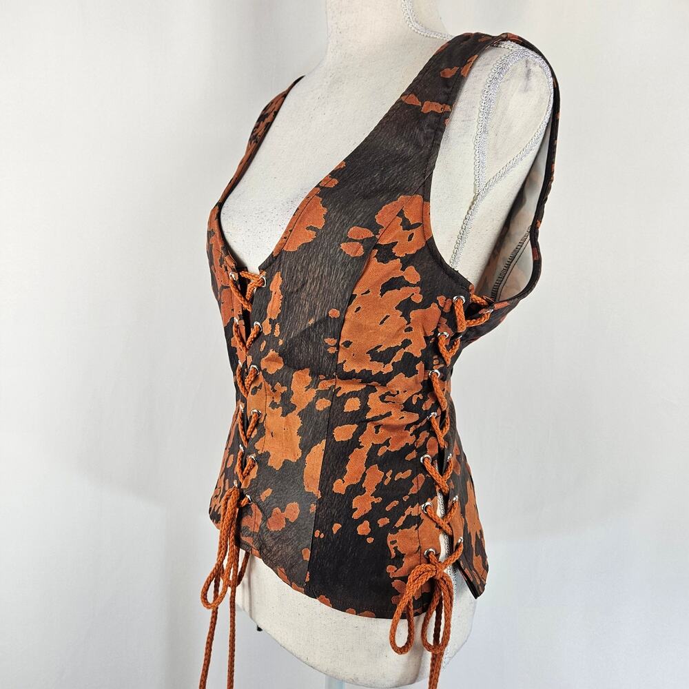 PrettyLittleThing Brown Black Cow Print Woven Scoop Neck Lace Up Cropped Top 12 - Picture 6 of 16